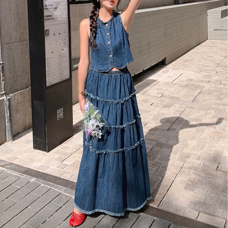 デニムセットアップ ティアードフリンジ ノースリーブセット