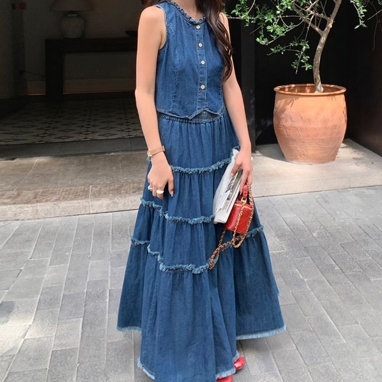 デニムセットアップ ティアードフリンジ ノースリーブセット