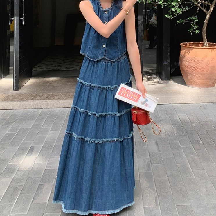 デニムセットアップ ティアードフリンジ ノースリーブセット