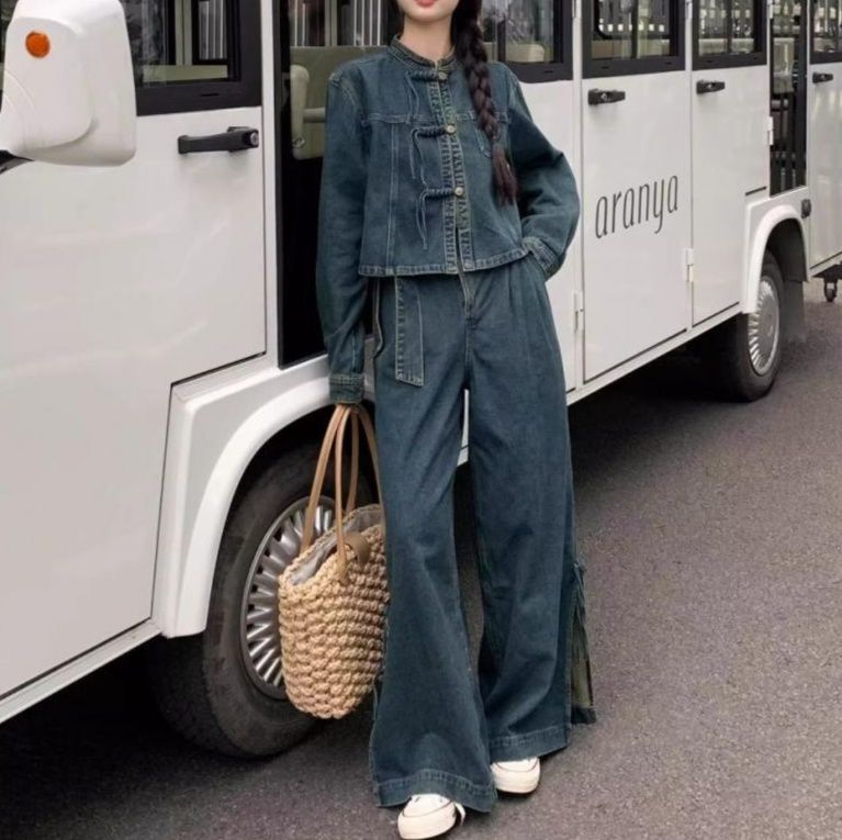 デニムセットアップ カジュアルワイドデニムジャケットパンツセット