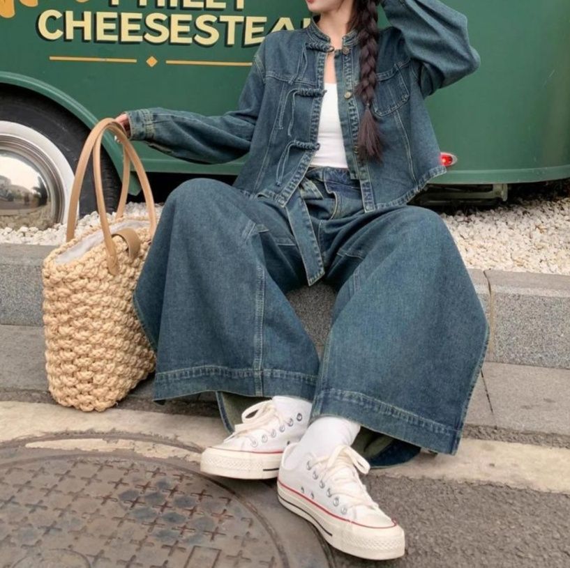 デニムセットアップ カジュアルワイドデニムジャケットパンツセット