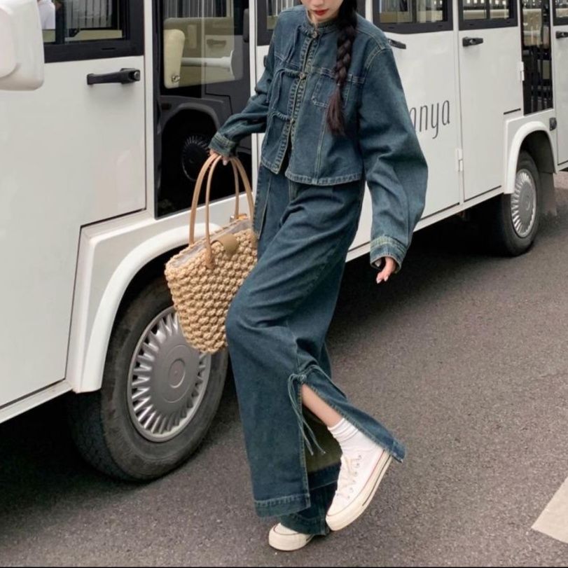 デニムセットアップ カジュアルワイドデニムジャケットパンツセット