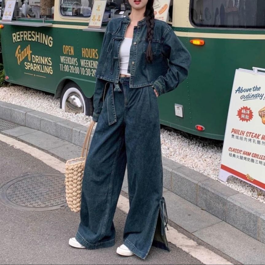 デニムセットアップ カジュアルワイドデニムジャケットパンツセット