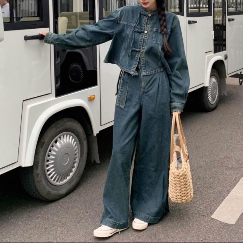 デニムセットアップ カジュアルワイドデニムジャケットパンツセット