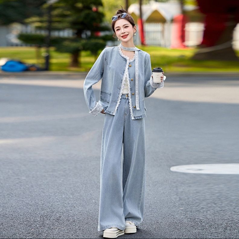 デニムセットアップ レース付きカジュアル上下セット