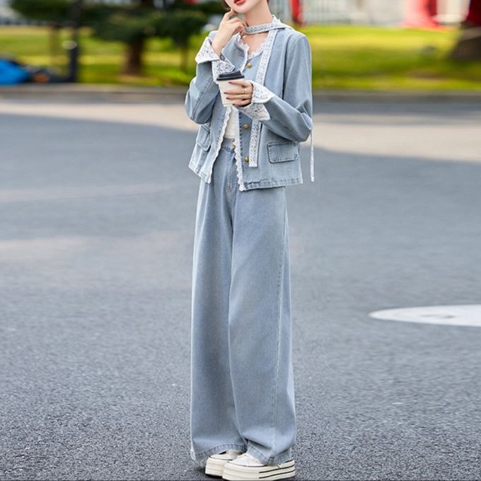 デニムセットアップ レース付きカジュアル上下セット