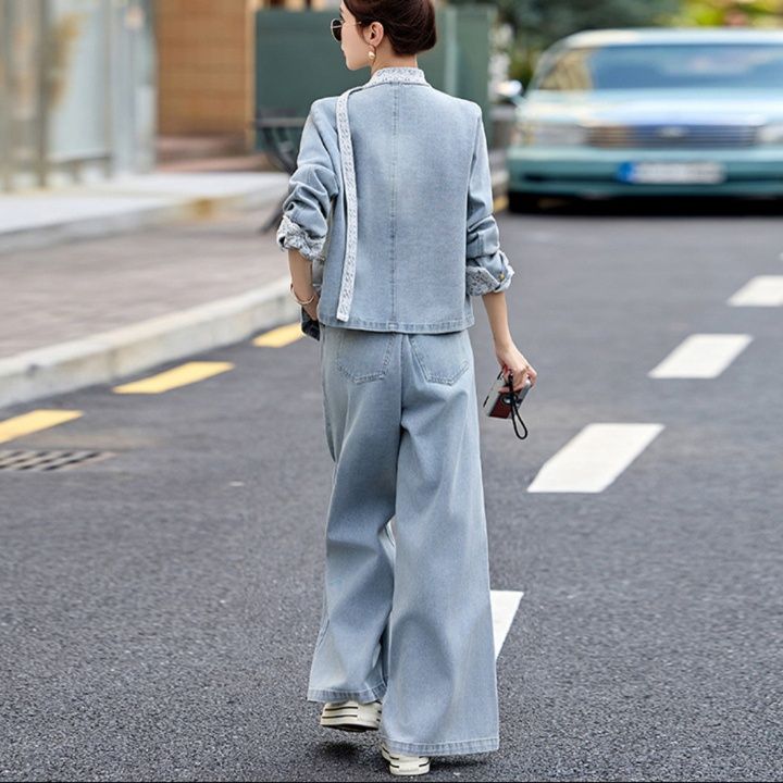 デニムセットアップ レース付きカジュアル上下セット