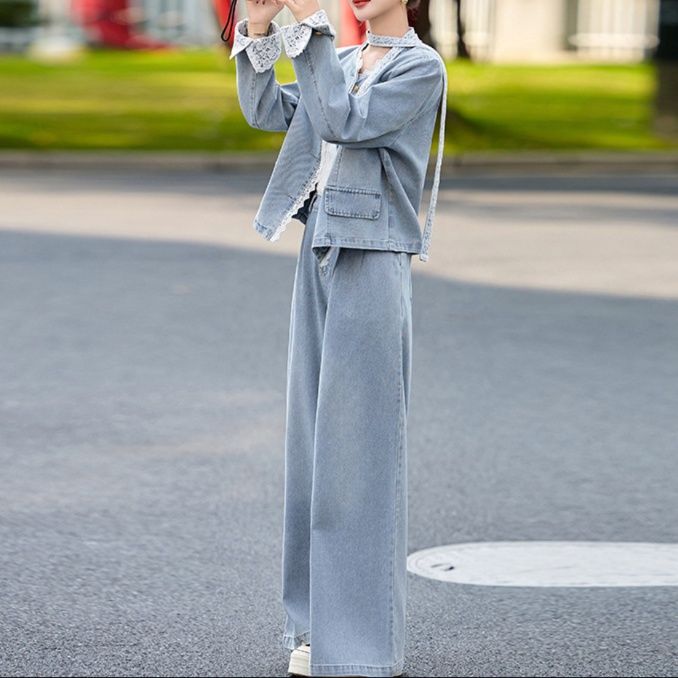 デニムセットアップ レース付きカジュアル上下セット