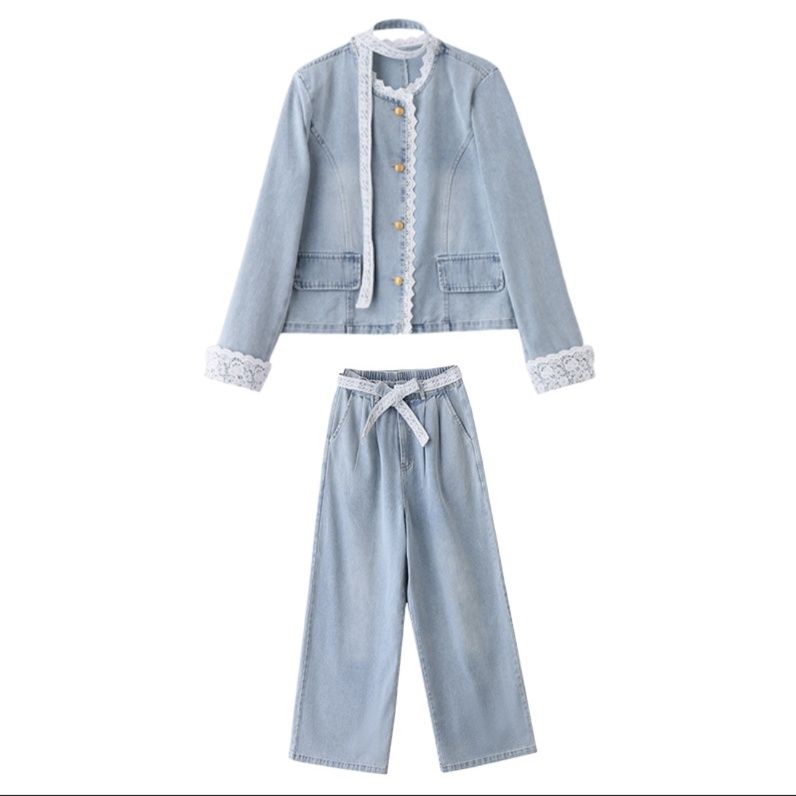 デニムセットアップ レース付きカジュアル上下セット