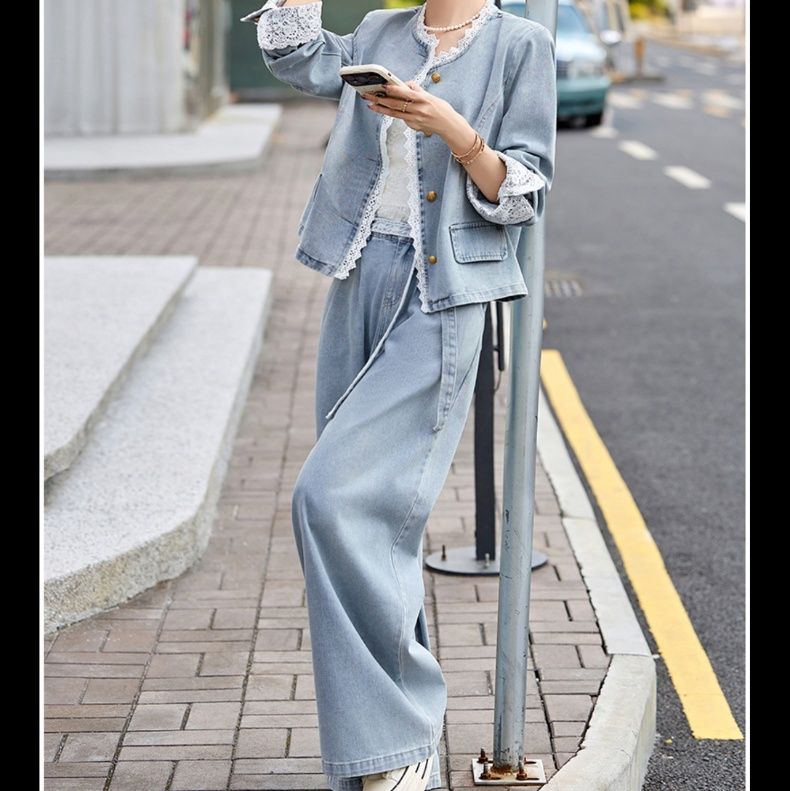 デニムセットアップ レース付きカジュアル上下セット