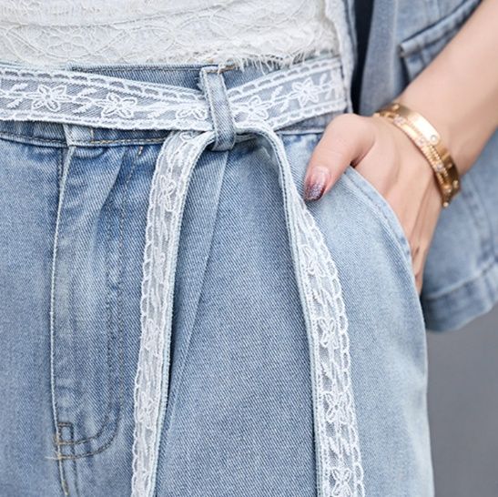 デニムセットアップ レース付きカジュアル上下セット