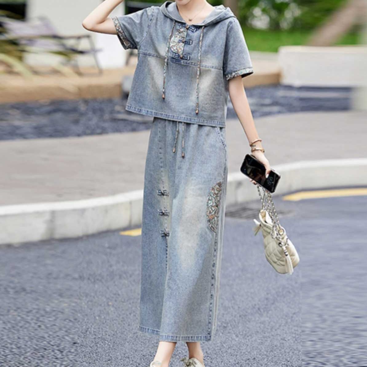 デニムセットアップ 刺繍フード付きデニムセットアップ