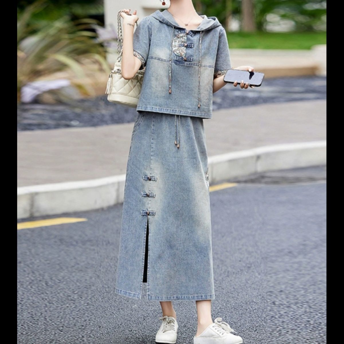 デニムセットアップ 刺繍フード付きデニムセットアップ