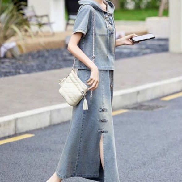 デニムセットアップ 刺繍フード付きデニムセットアップ