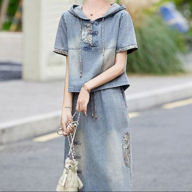 デニムセットアップ 刺繍フード付きデニムセットアップ