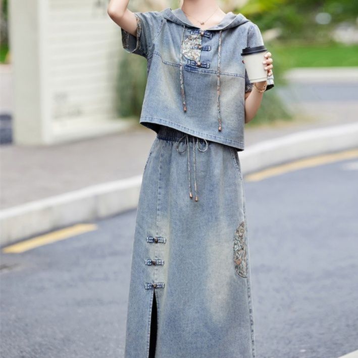 デニムセットアップ 刺繍フード付きデニムセットアップ