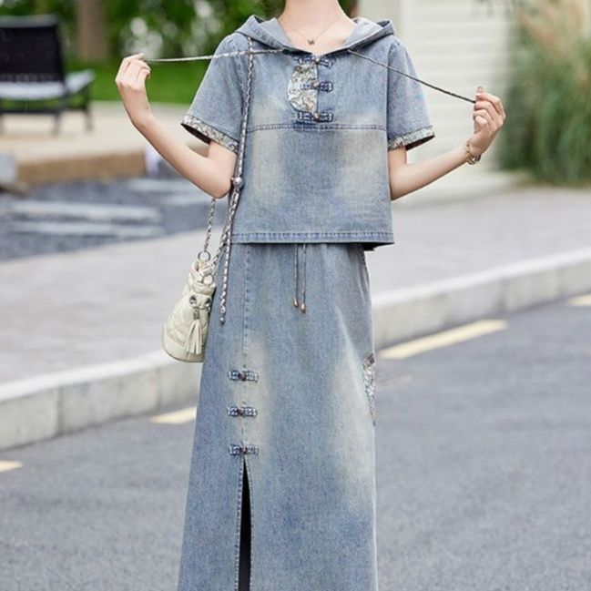 デニムセットアップ 刺繍フード付きデニムセットアップ