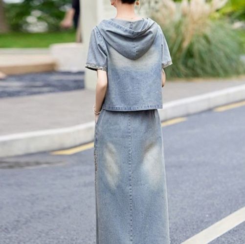 デニムセットアップ 刺繍フード付きデニムセットアップ