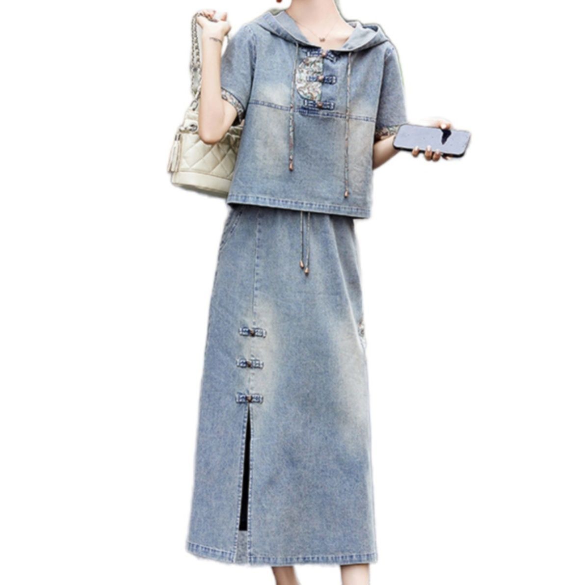 デニムセットアップ 刺繍フード付きデニムセットアップ