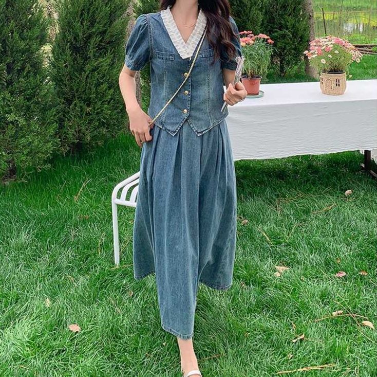 デニムセットアップ パフスリーブ優美スカートセット