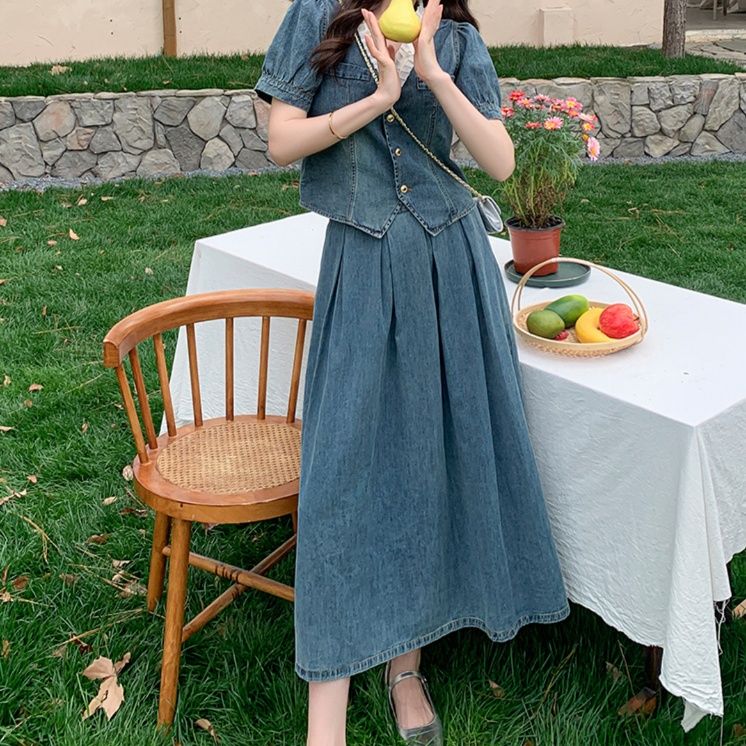 デニムセットアップ パフスリーブ優美スカートセット