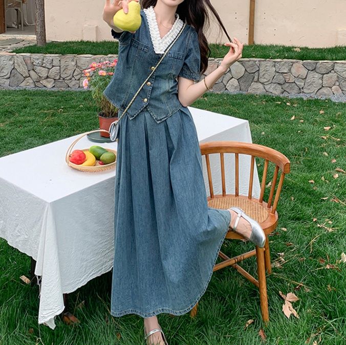 デニムセットアップ パフスリーブ優美スカートセット