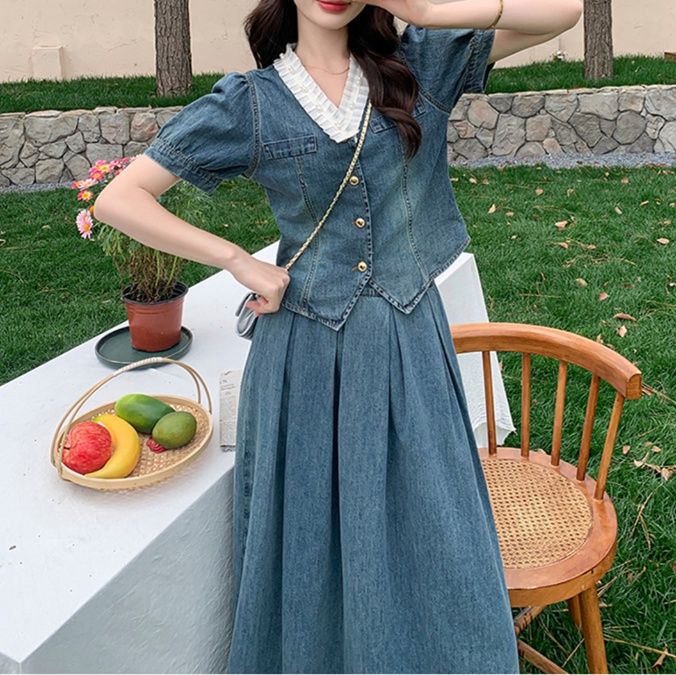 デニムセットアップ パフスリーブ優美スカートセット