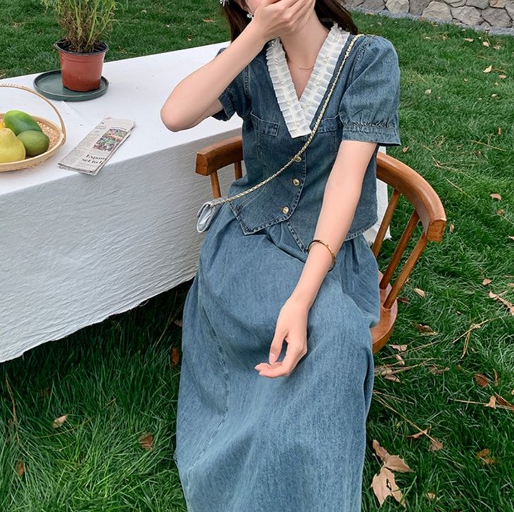 デニムセットアップ パフスリーブ優美スカートセット