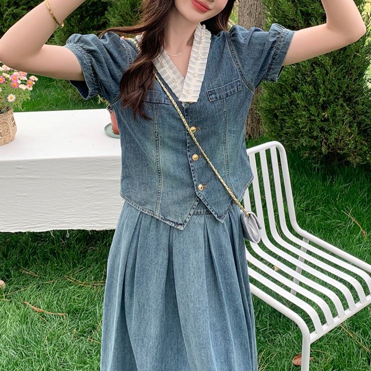 デニムセットアップ パフスリーブ優美スカートセット