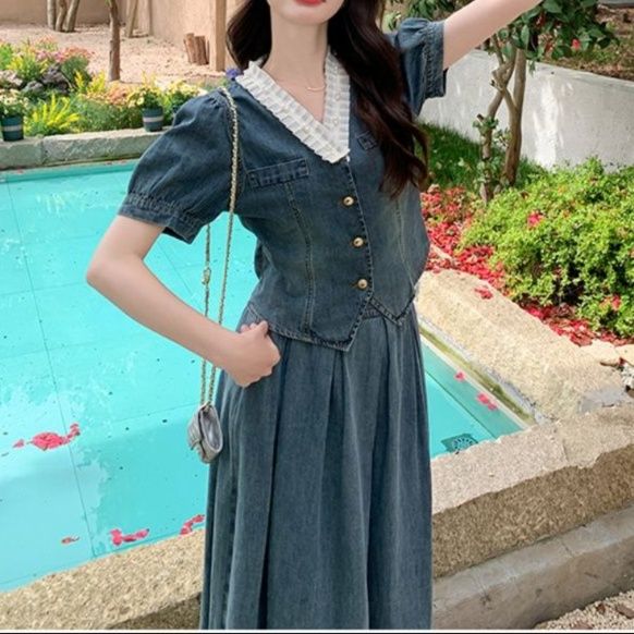 デニムセットアップ パフスリーブ優美スカートセット