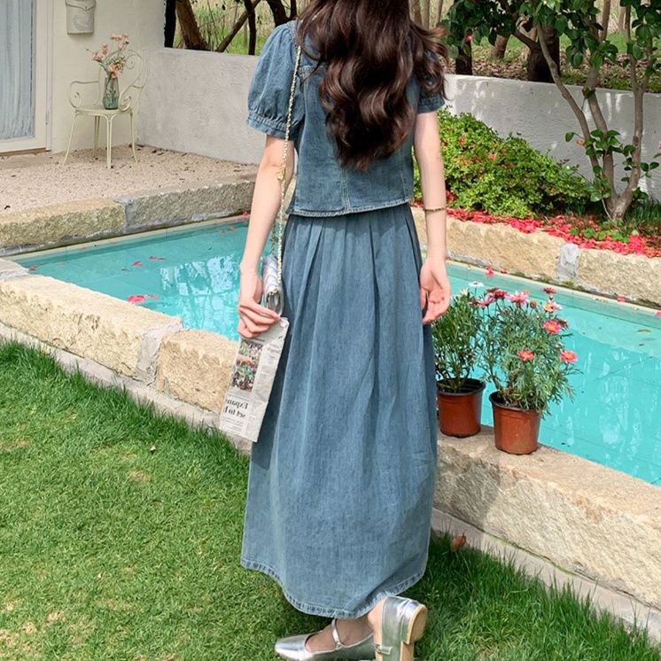 デニムセットアップ パフスリーブ優美スカートセット