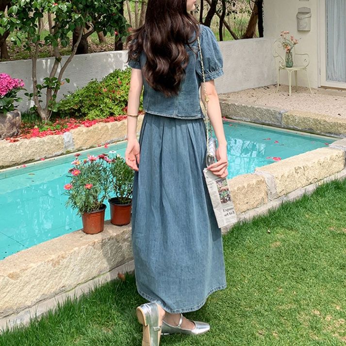 デニムセットアップ パフスリーブ優美スカートセット