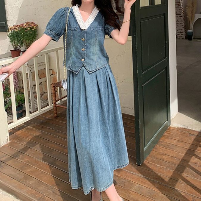 デニムセットアップ パフスリーブ優美スカートセット