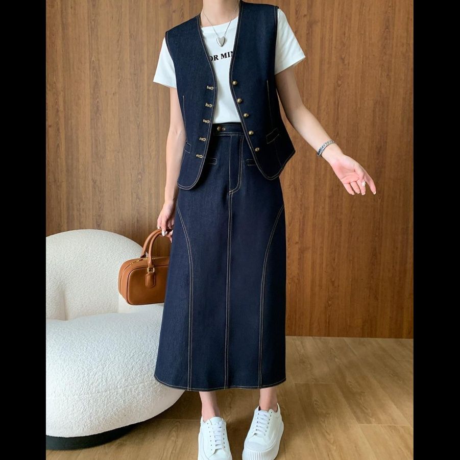 デニムセットアップ ベスト付きロングスカートセット