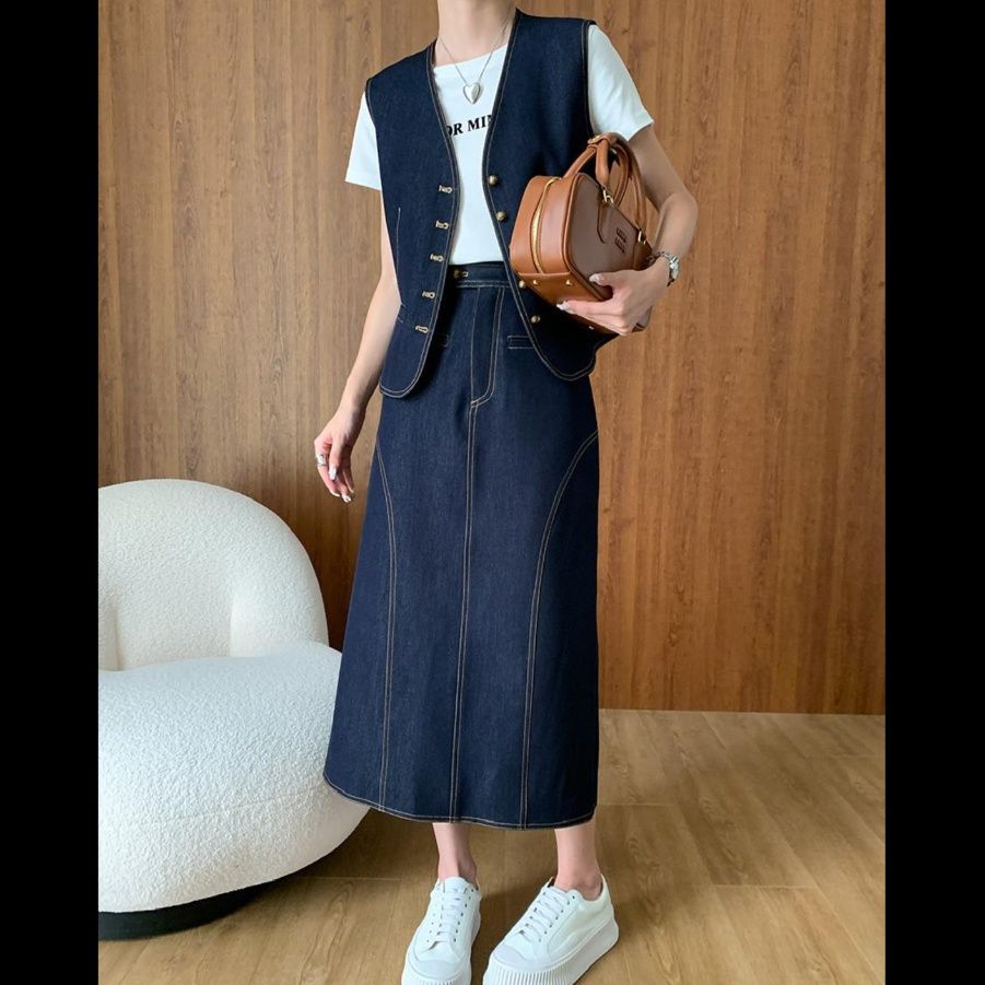 デニムセットアップ ベスト付きロングスカートセット