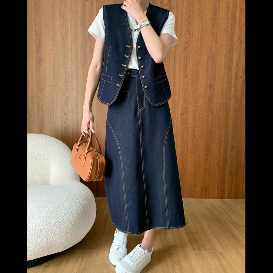 デニムセットアップ ベスト付きロングスカートセット