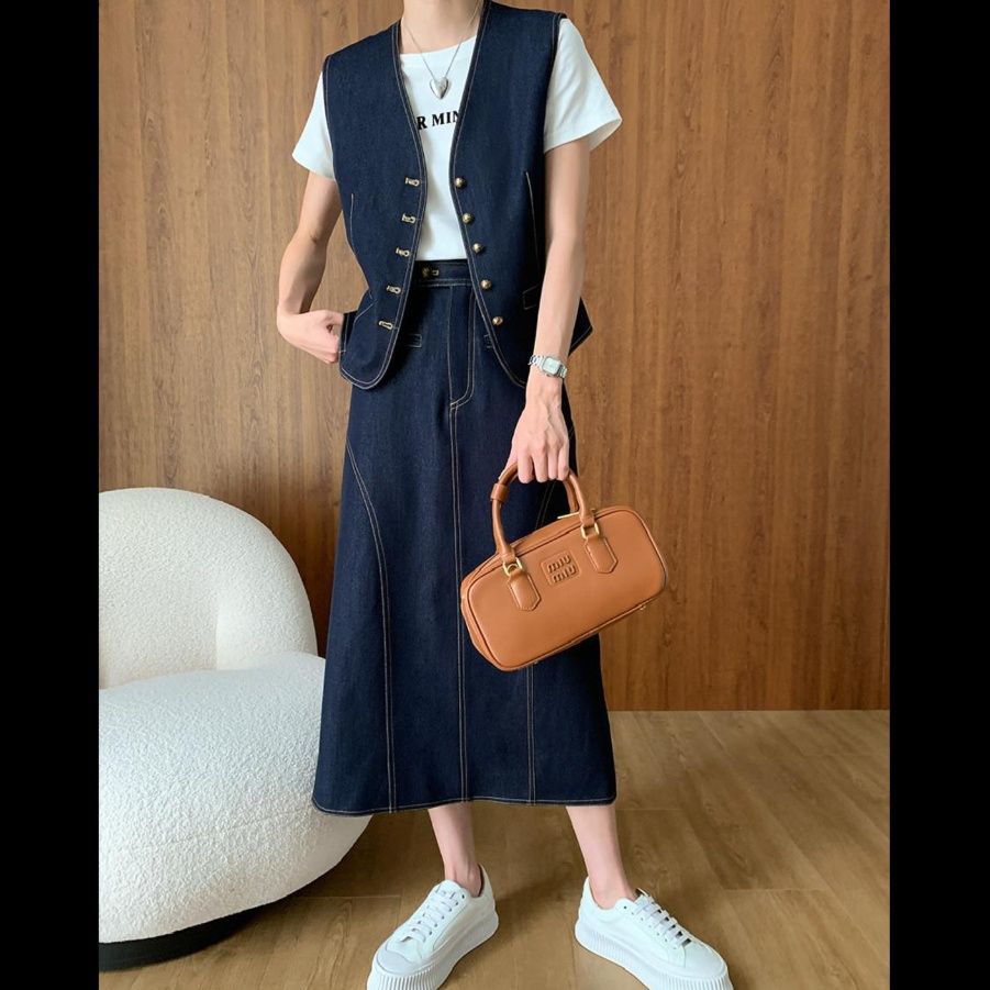 デニムセットアップ ベスト付きロングスカートセット