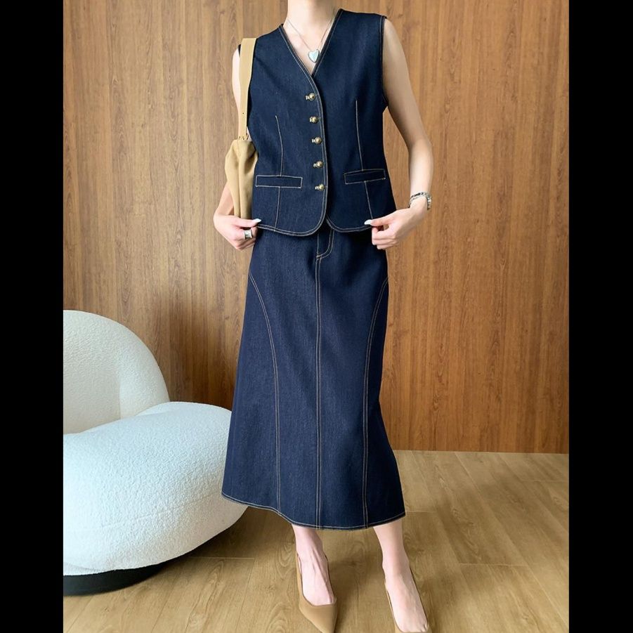 デニムセットアップ ベスト付きロングスカートセット