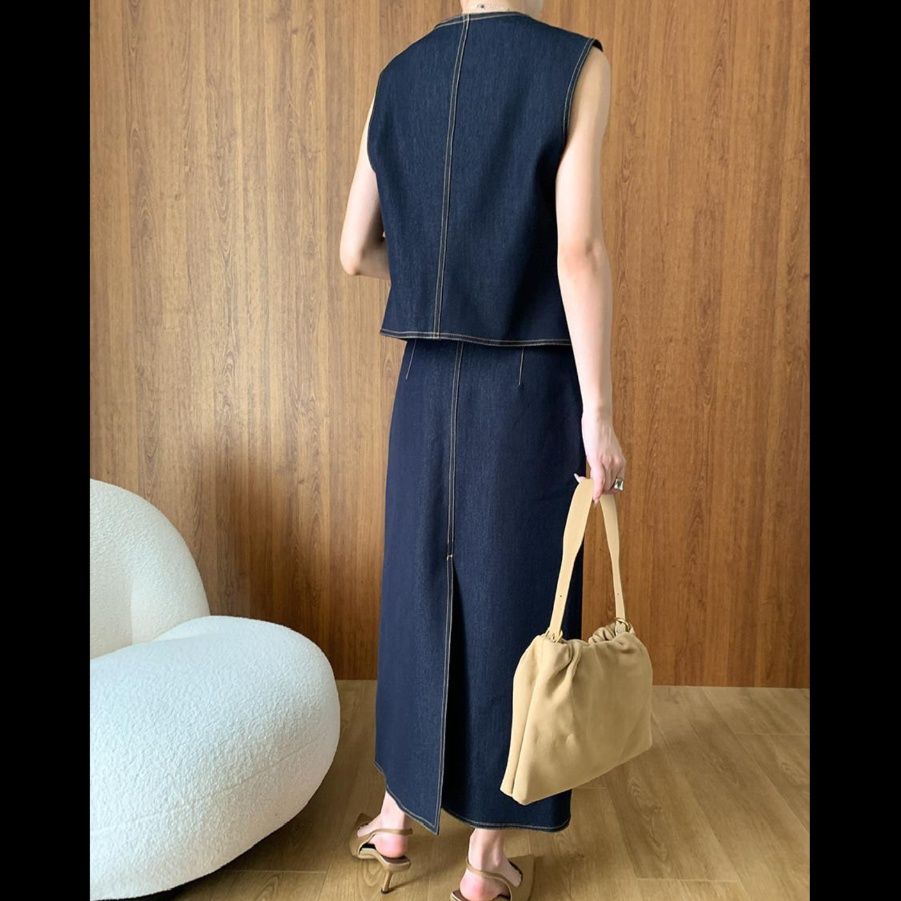 デニムセットアップ ベスト付きロングスカートセット