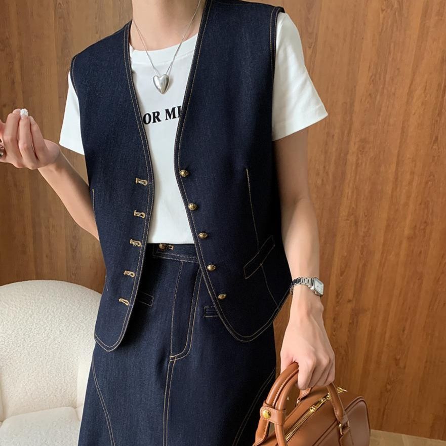 デニムセットアップ ベスト付きロングスカートセット