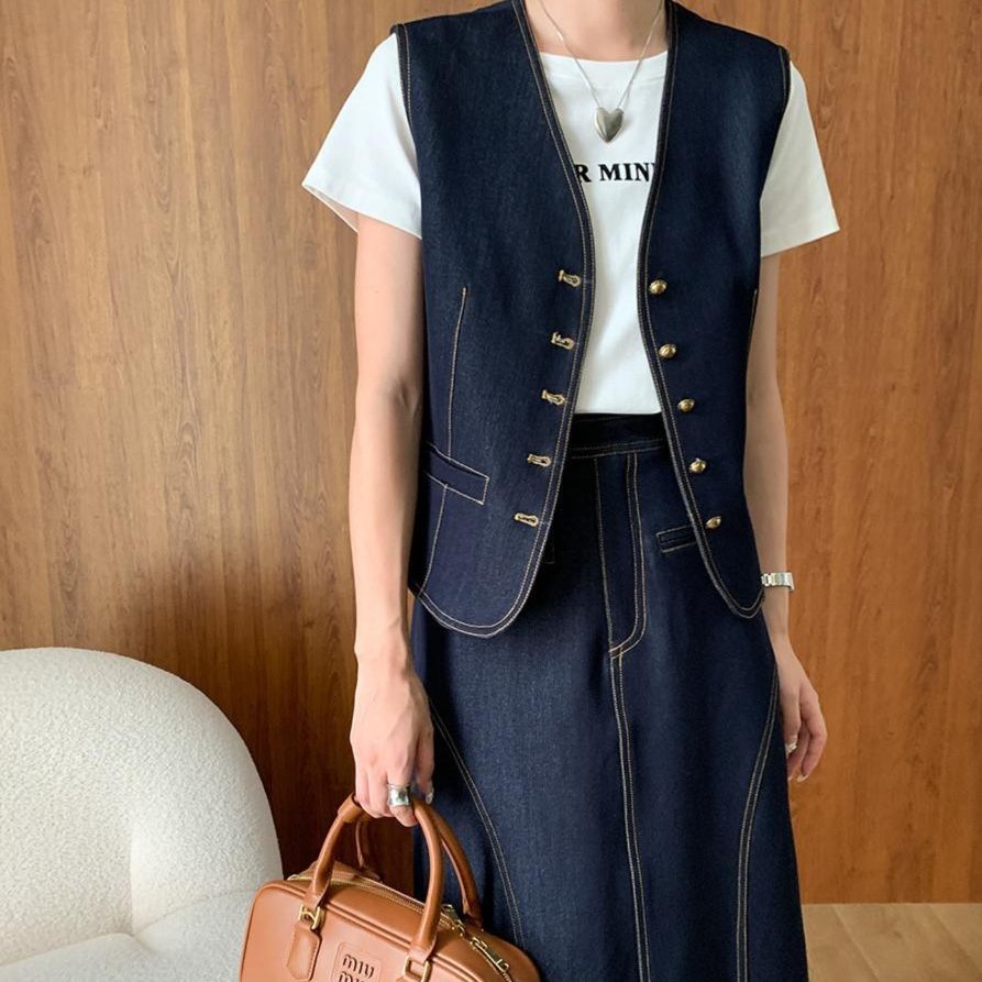 デニムセットアップ ベスト付きロングスカートセット