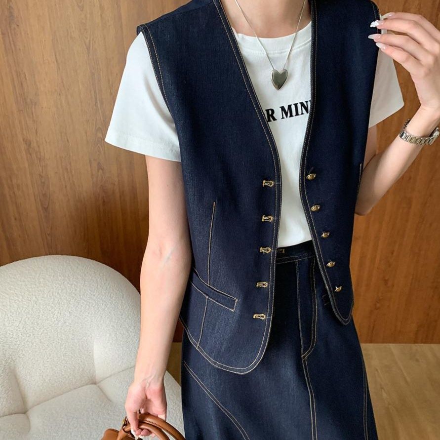 デニムセットアップ ベスト付きロングスカートセット