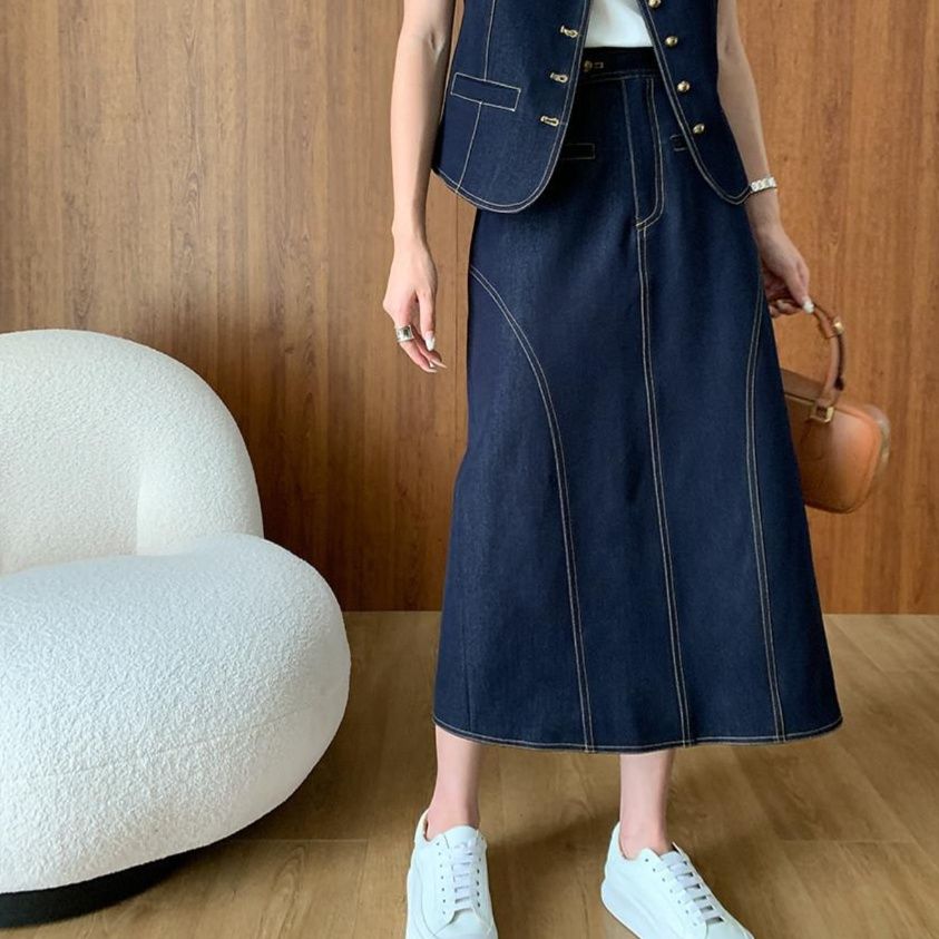 デニムセットアップ ベスト付きロングスカートセット
