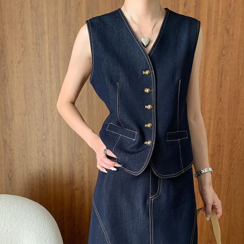 デニムセットアップ ベスト付きロングスカートセット