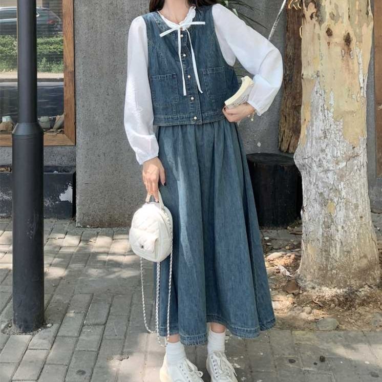 デニムセットアップ リボンデザインブラウス ベスト&フレアスカート