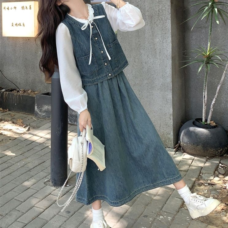 デニムセットアップ リボンデザインブラウス ベスト&フレアスカート