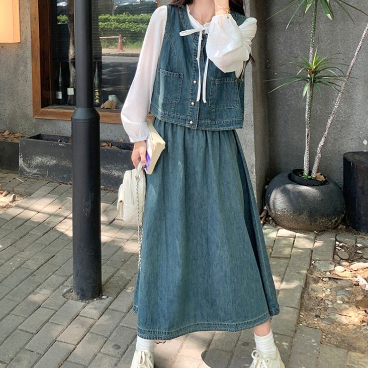 デニムセットアップ リボンデザインブラウス ベスト&フレアスカート