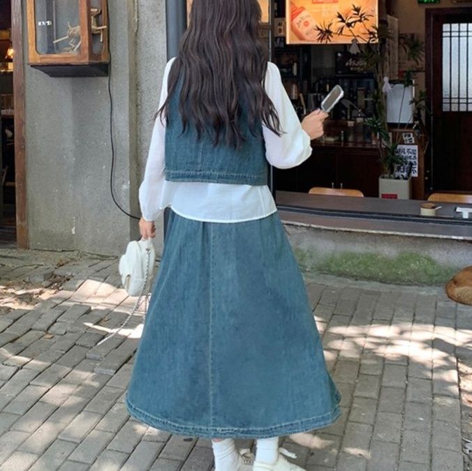 デニムセットアップ リボンデザインブラウス ベスト&フレアスカート