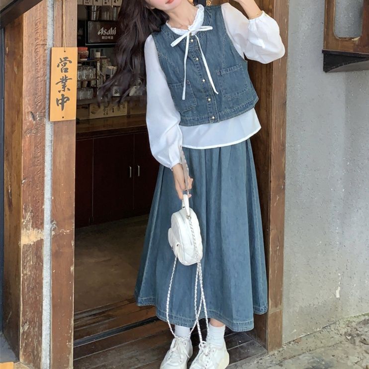 デニムセットアップ リボンデザインブラウス ベスト&フレアスカート