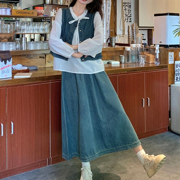 デニムセットアップ リボンデザインブラウス ベスト&フレアスカート